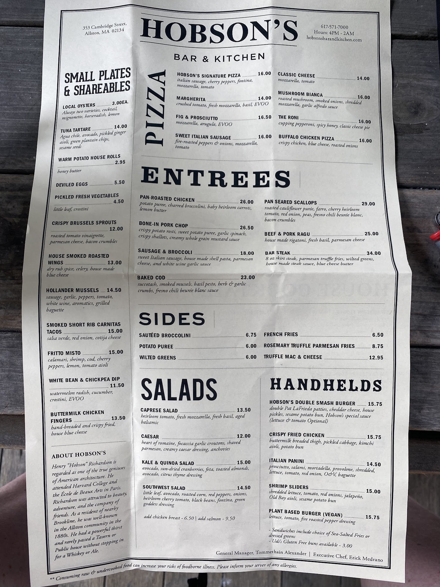 Hobson's Bar & Kitchen Menu