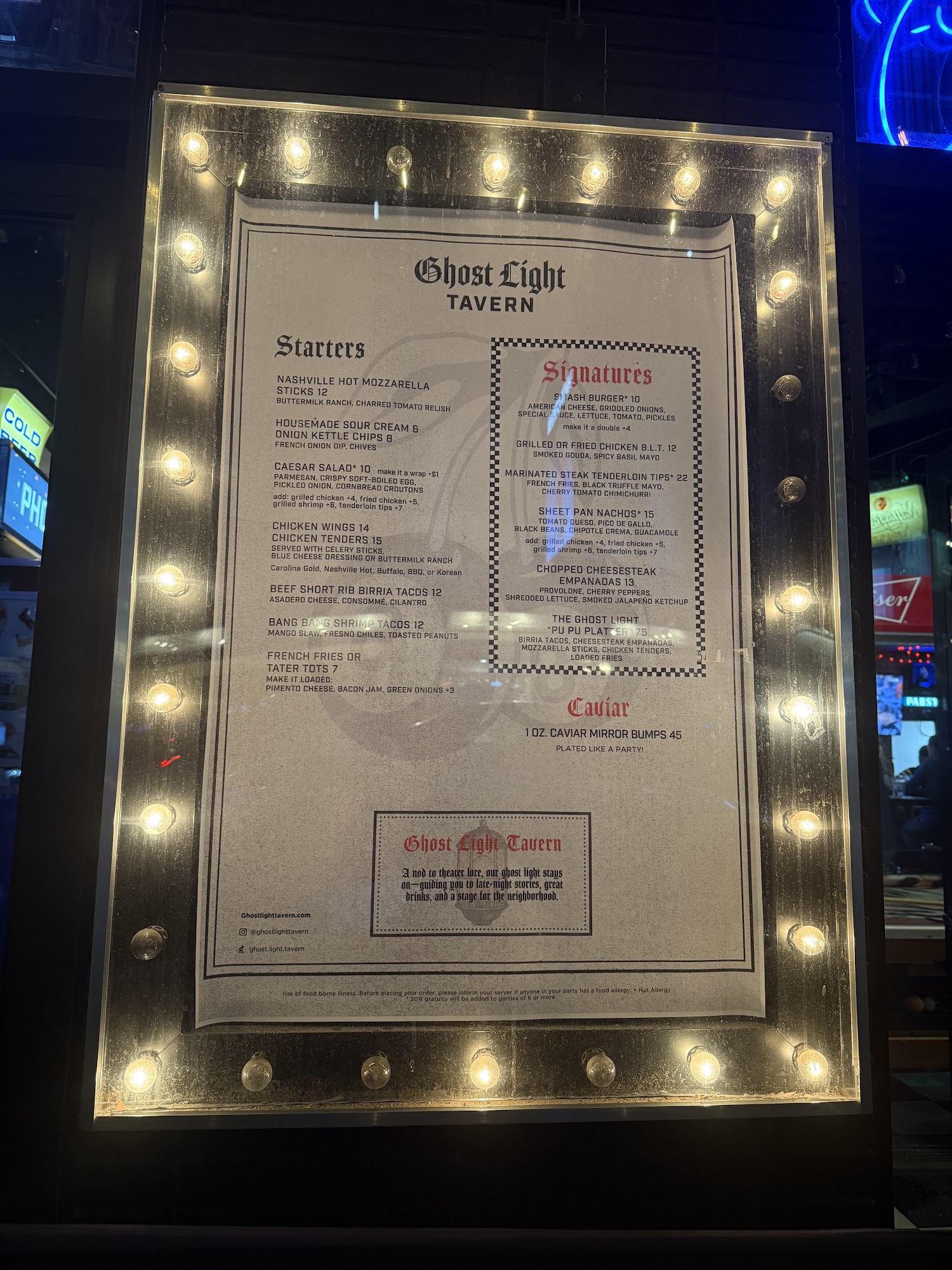 Ghost Light Tavern Menu