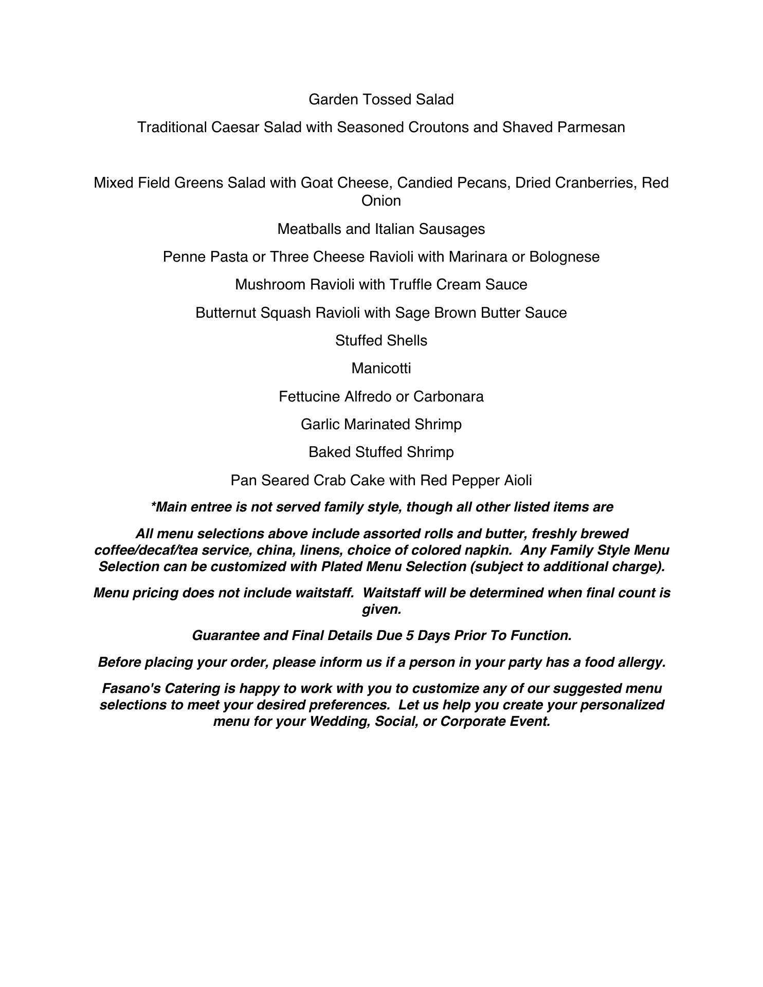 Fasano's Catering Menu