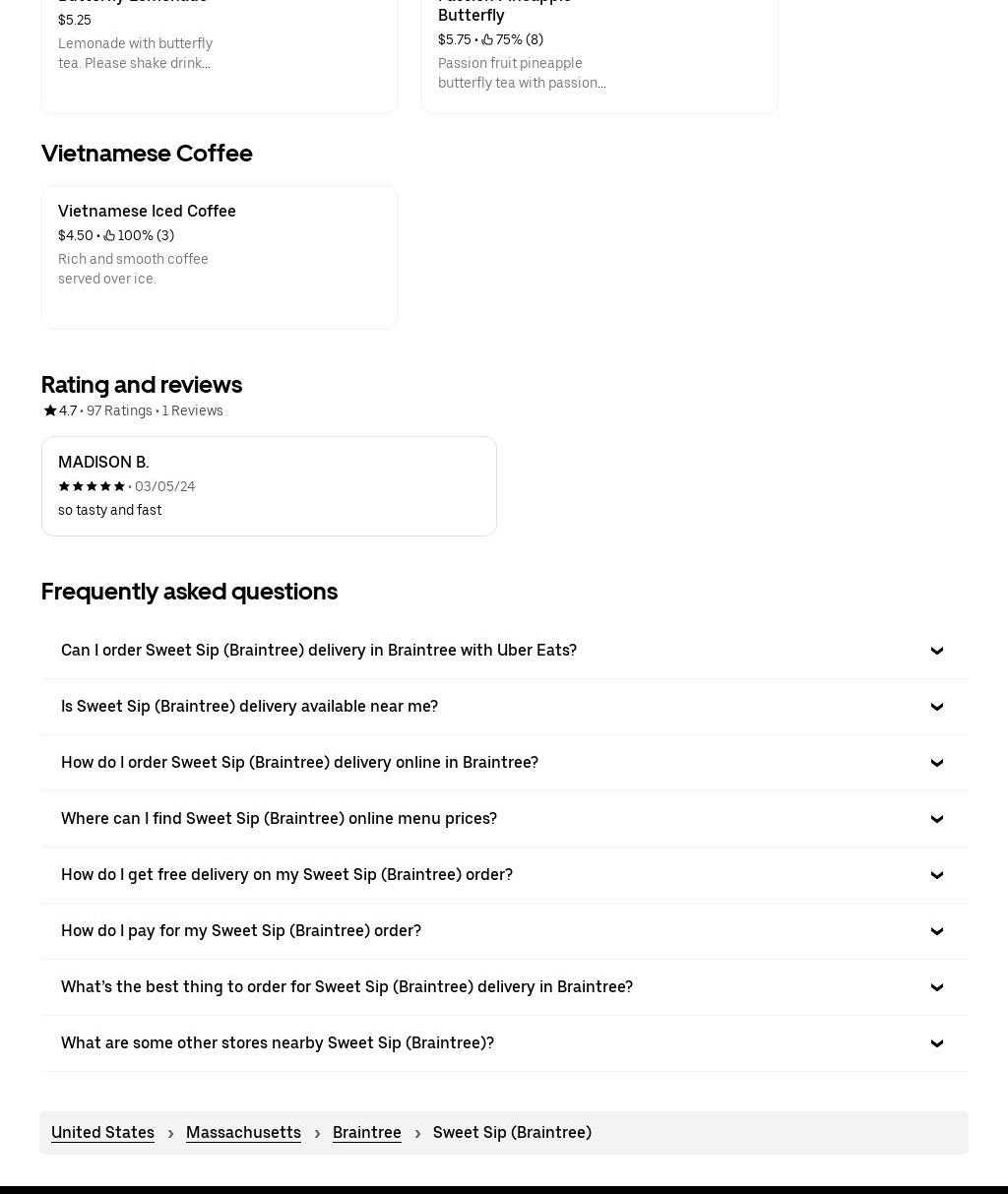 Sweet Sip Braintree Menu