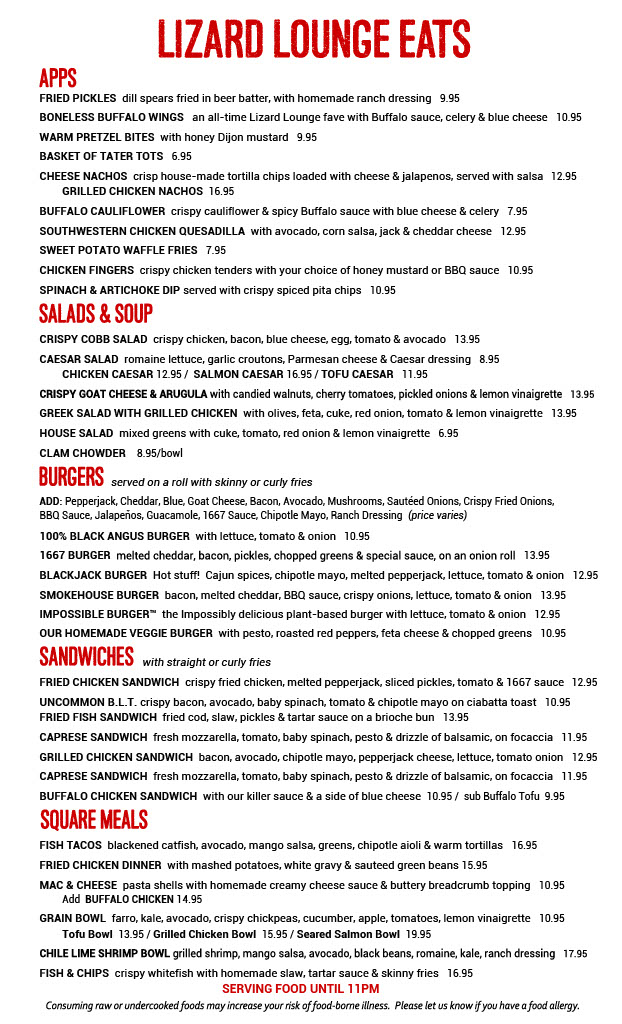 Lizard Lounge Menu