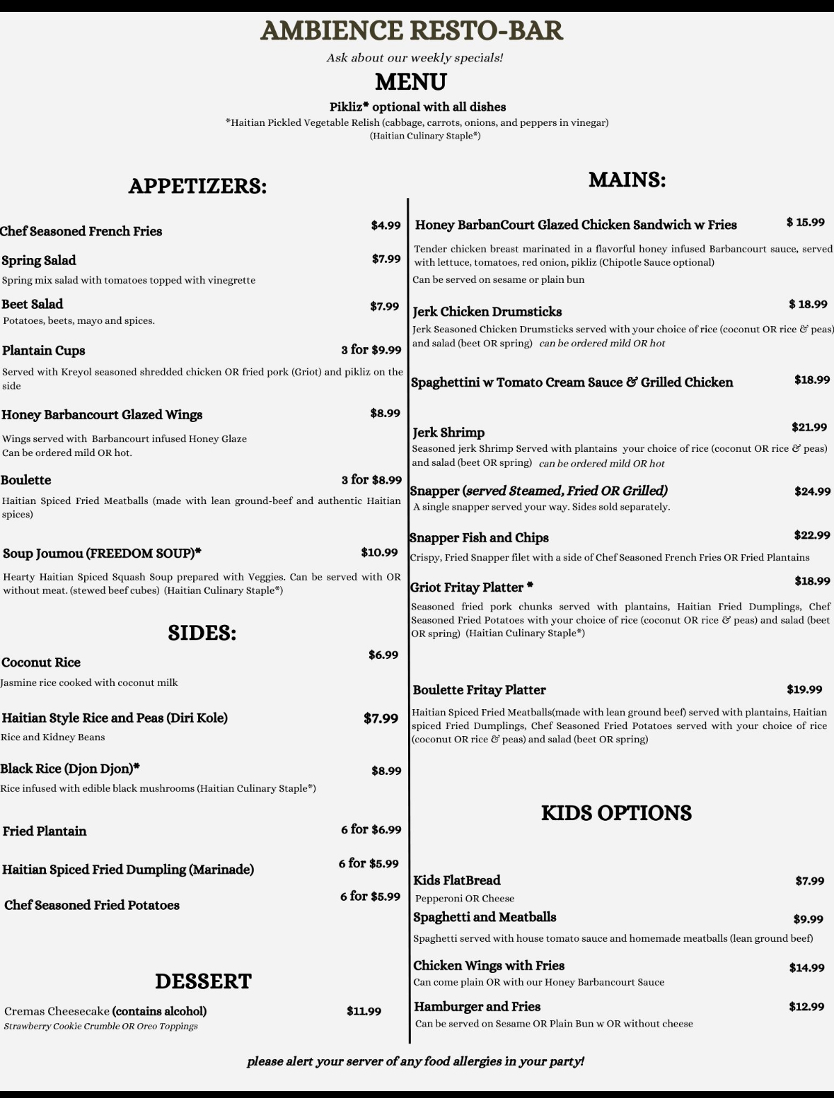 Ambiance Restaurant & Bar Menu