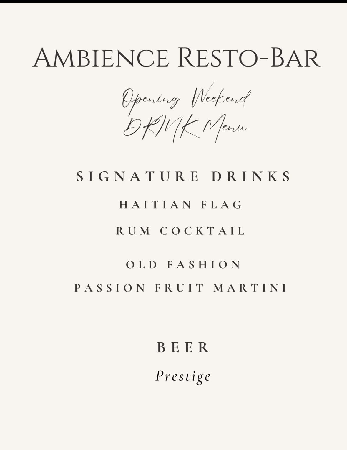 Ambiance Restaurant & Bar Menu