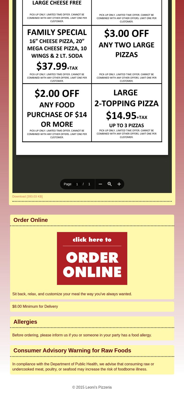 Leonis Brick Oven Pizzeria Menu