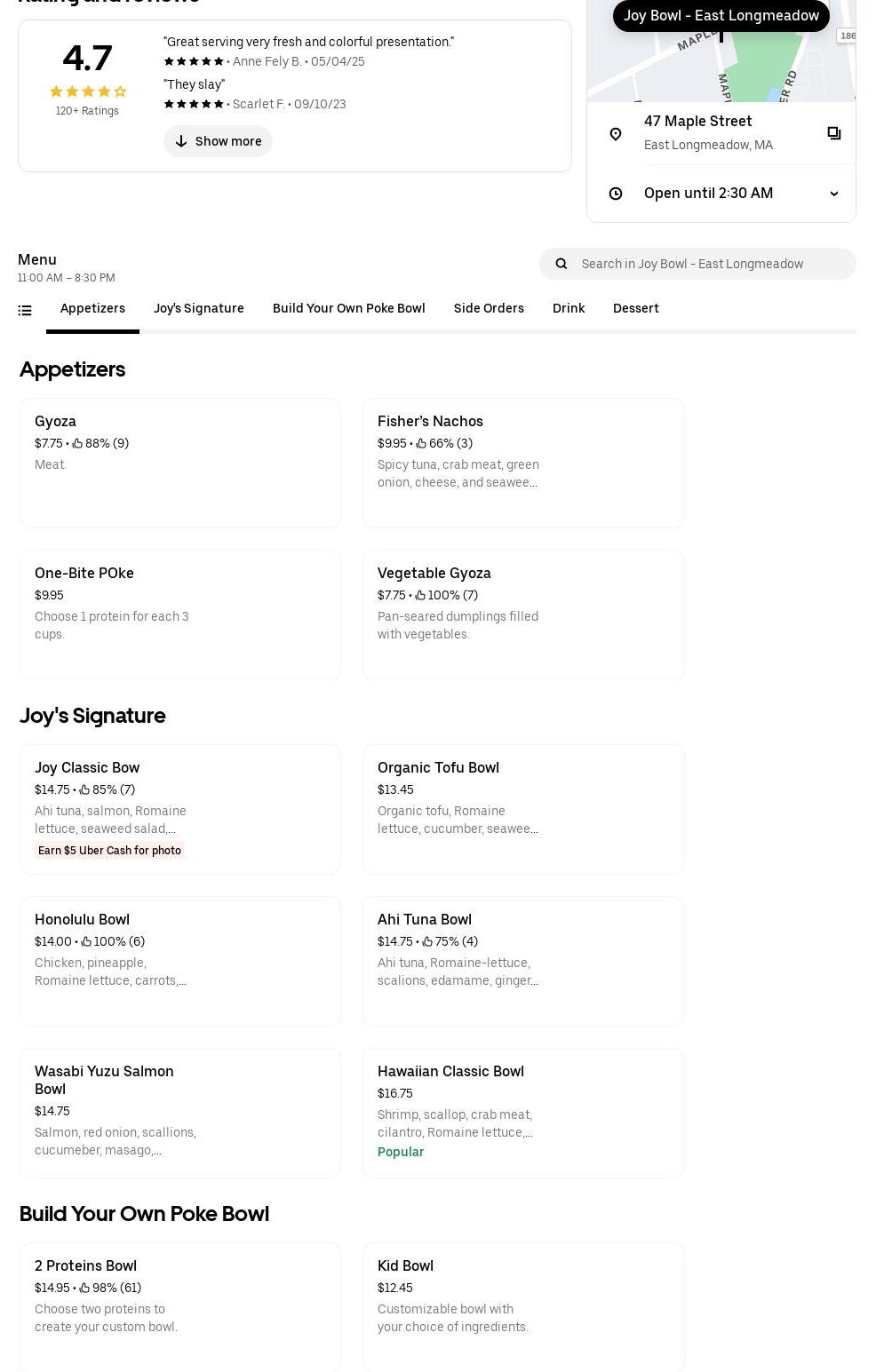 Joy Bowl East Longmeadow Menu