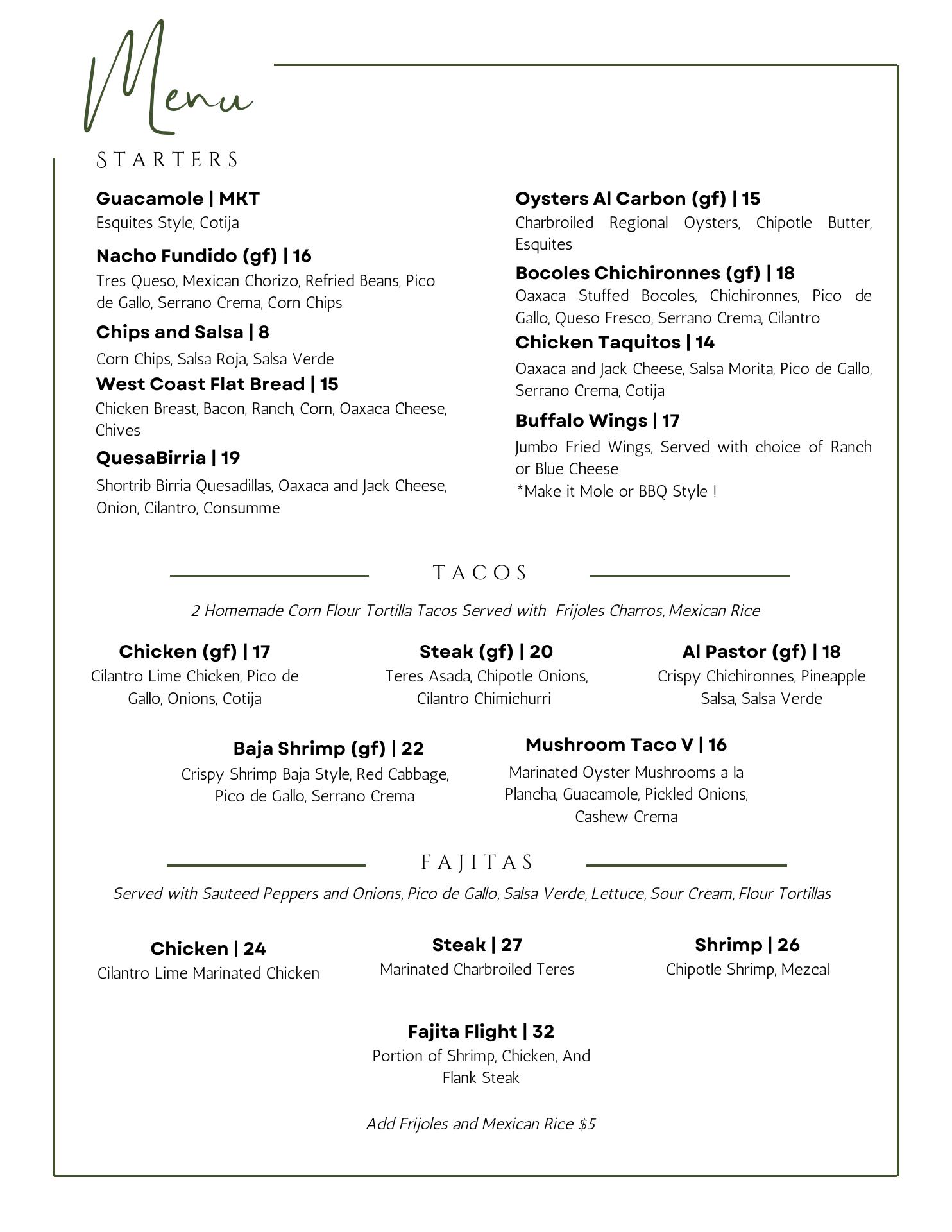 Morgan’s Cantina Menu