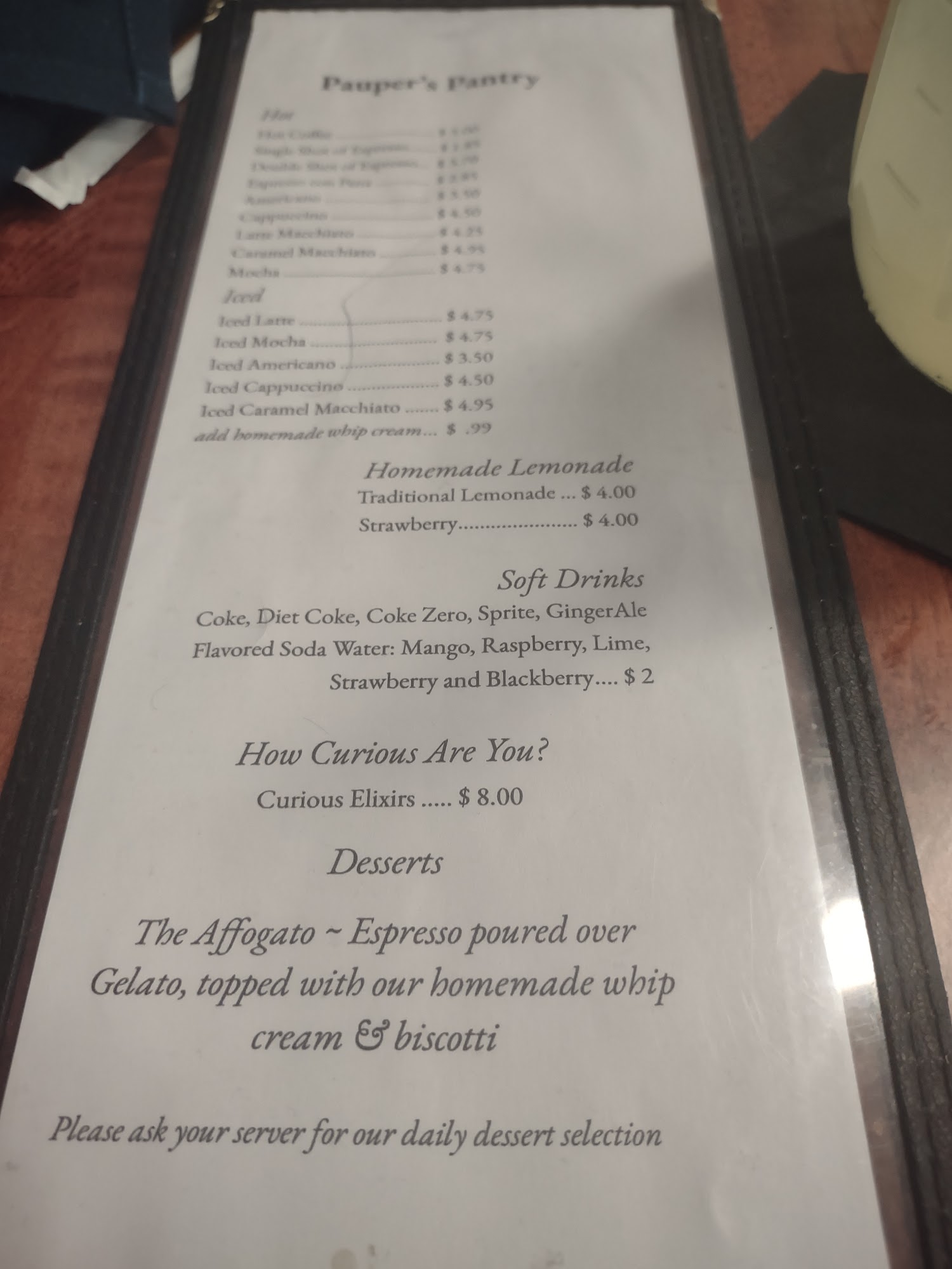 The Pauper's Pantry Menu