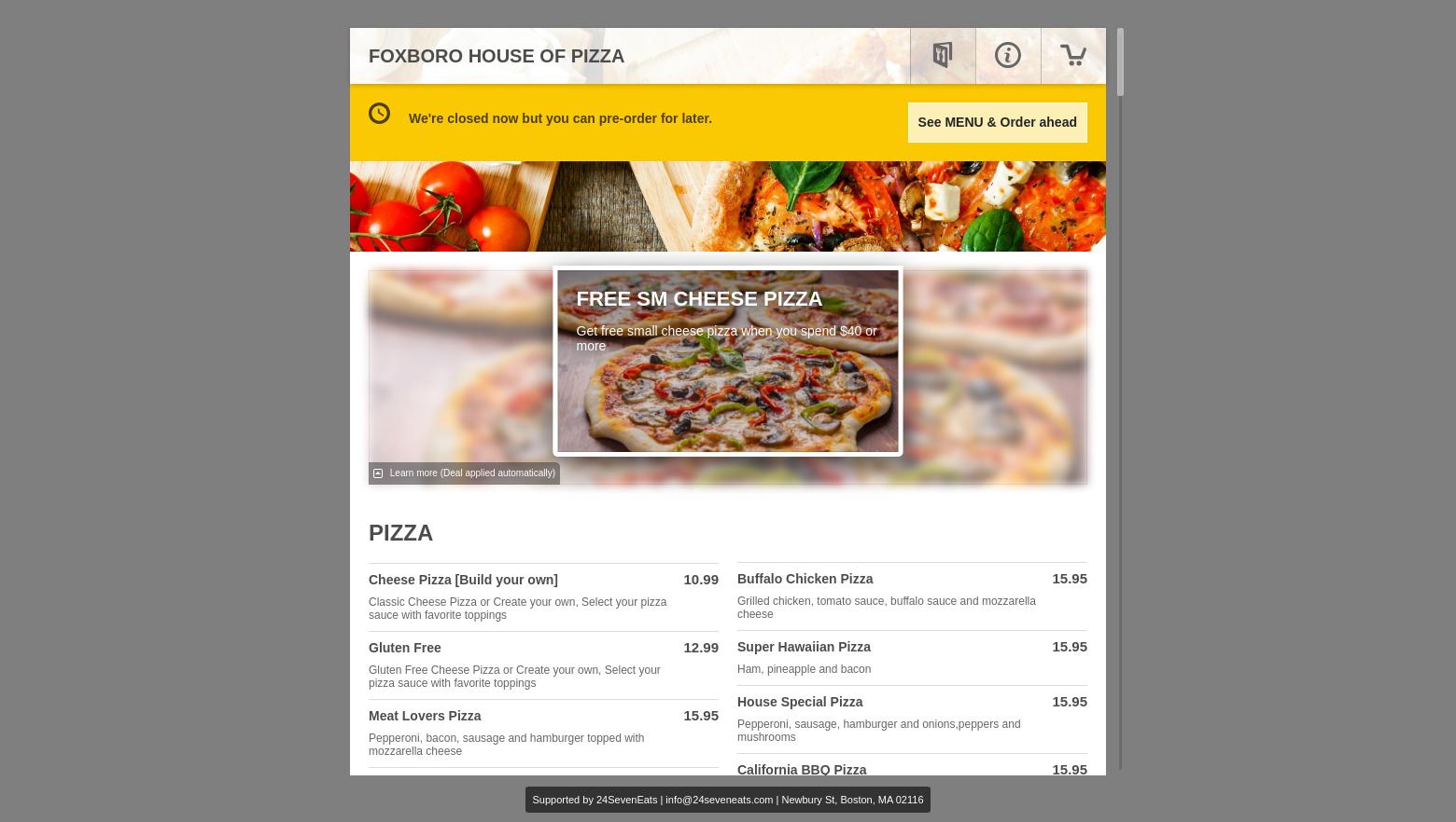 Foxboro House of Pizza Menu