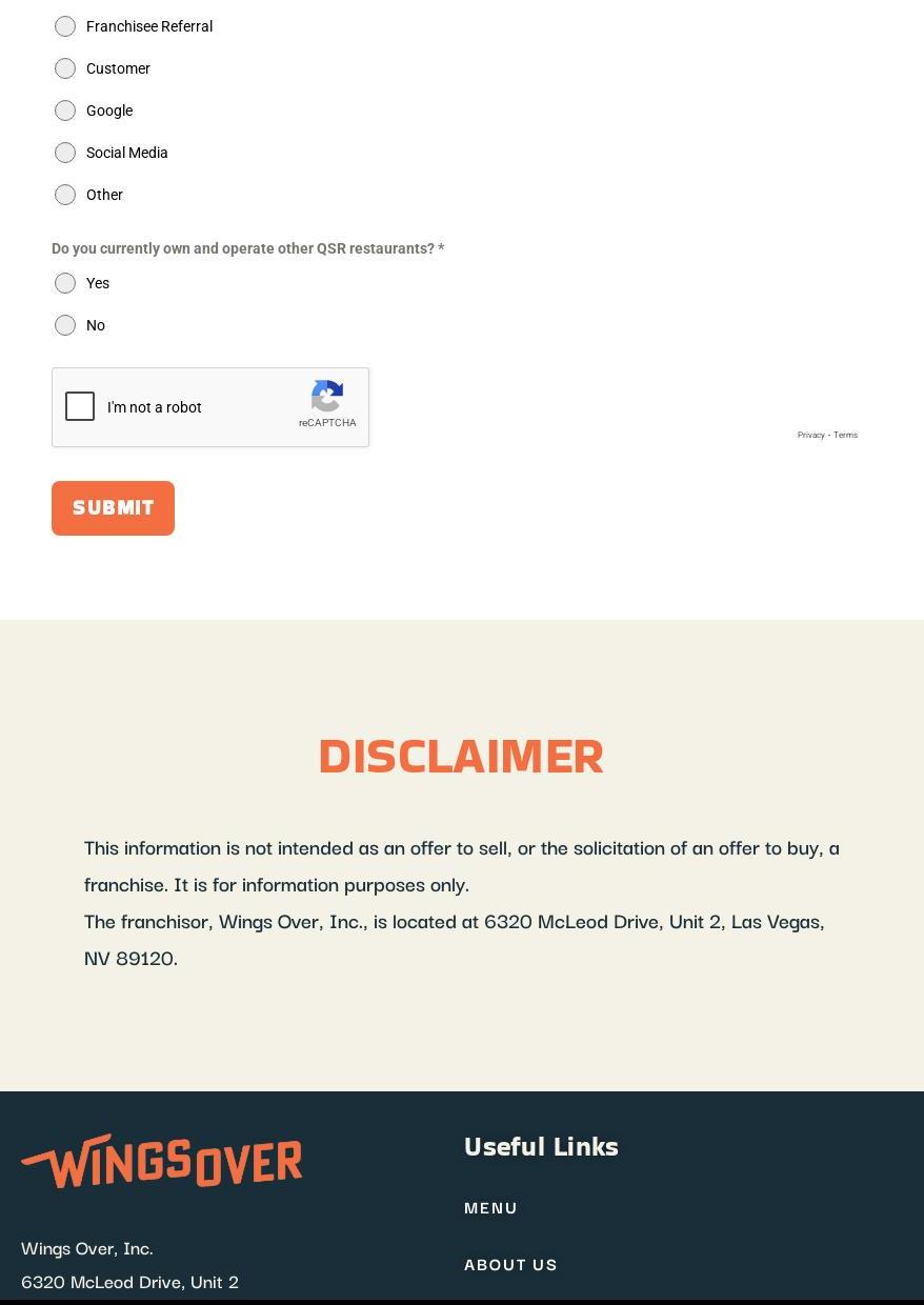 Wings Over Framingham Menu