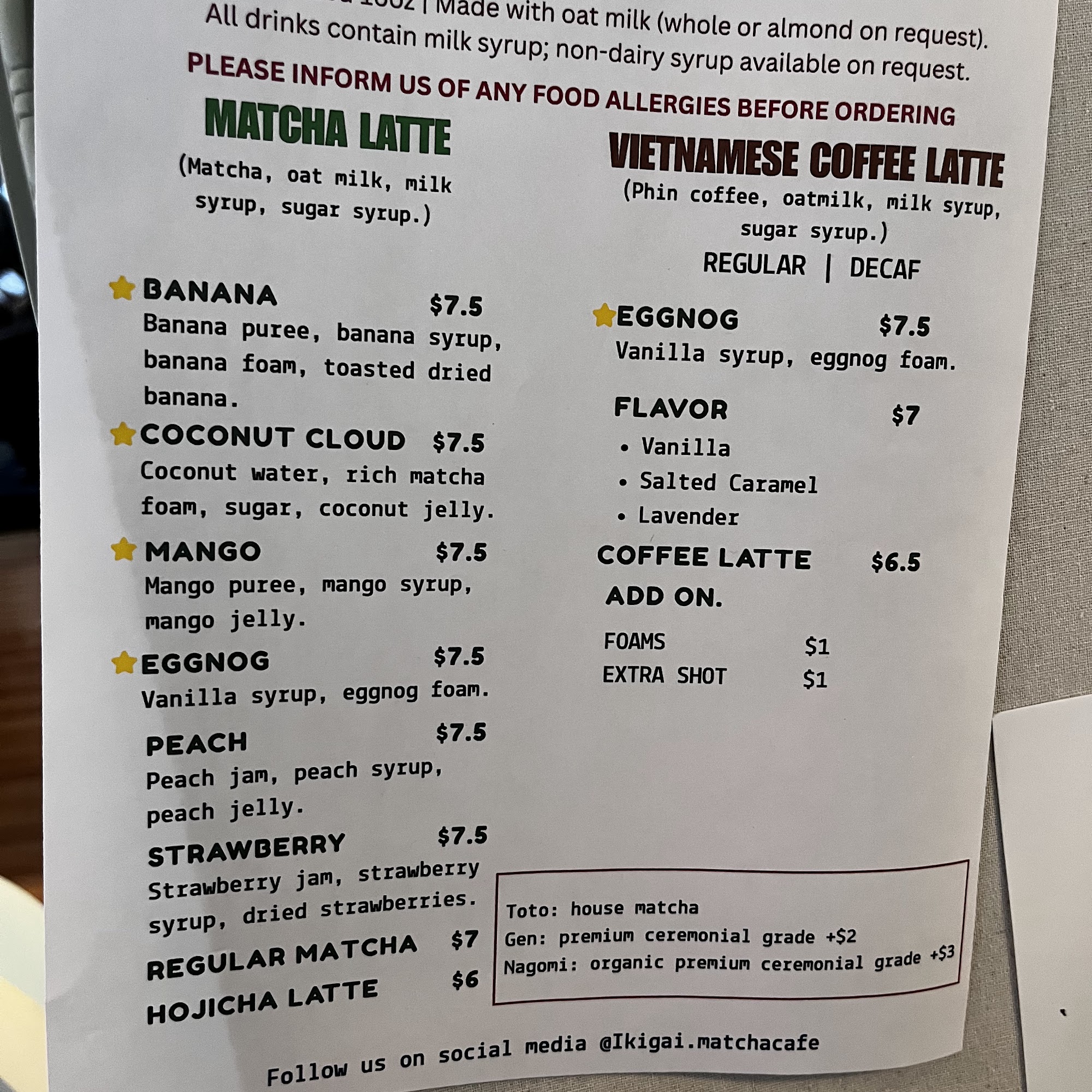 Ikigai Matcha Cafe Menu