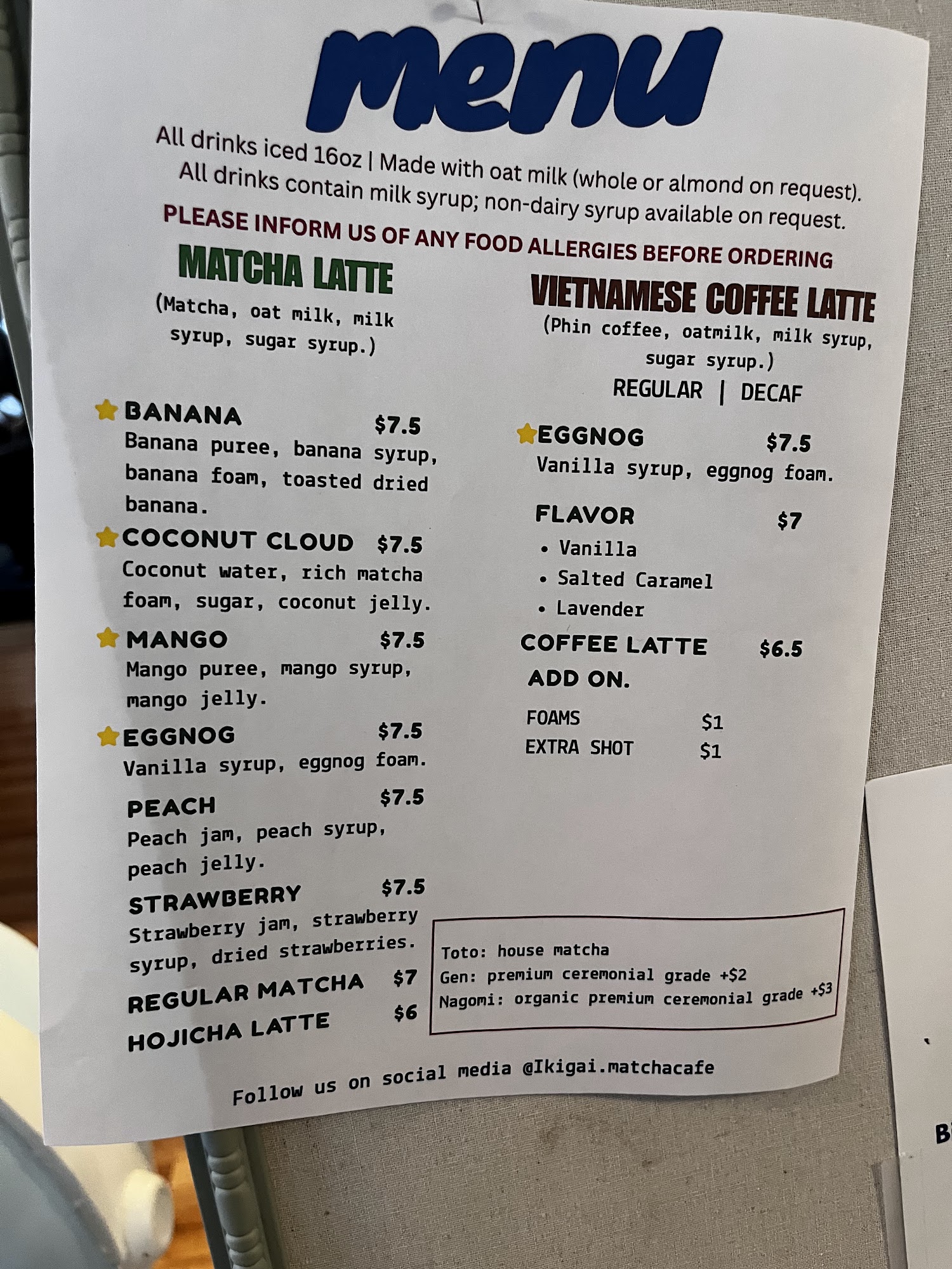 Ikigai Matcha Cafe Menu