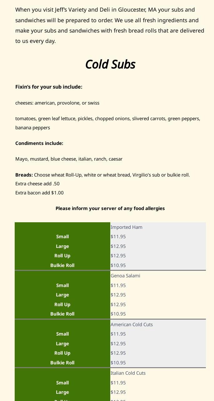 Jeff's Variety Menu