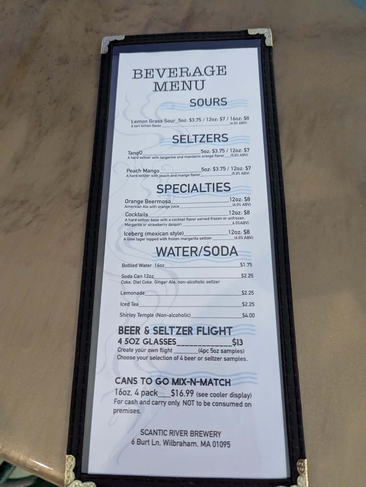 Scantic River Brewery Menu