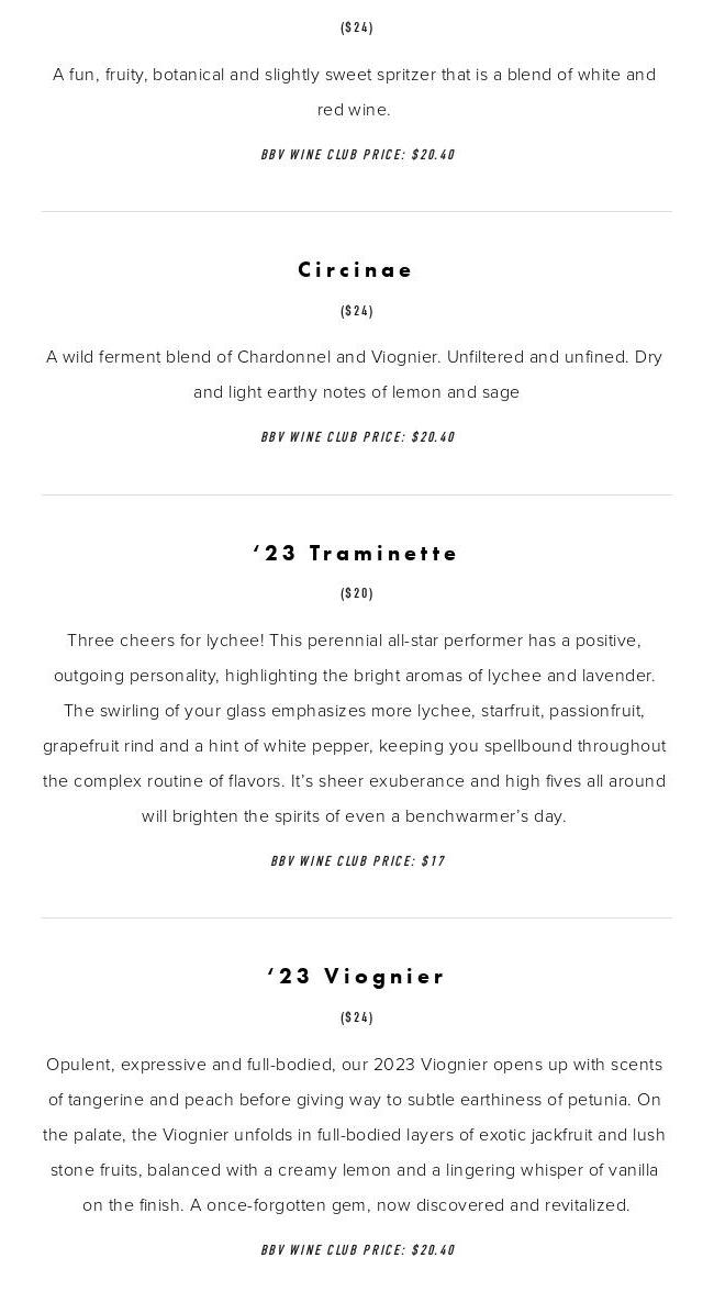 Black Birch Vineyard Menu