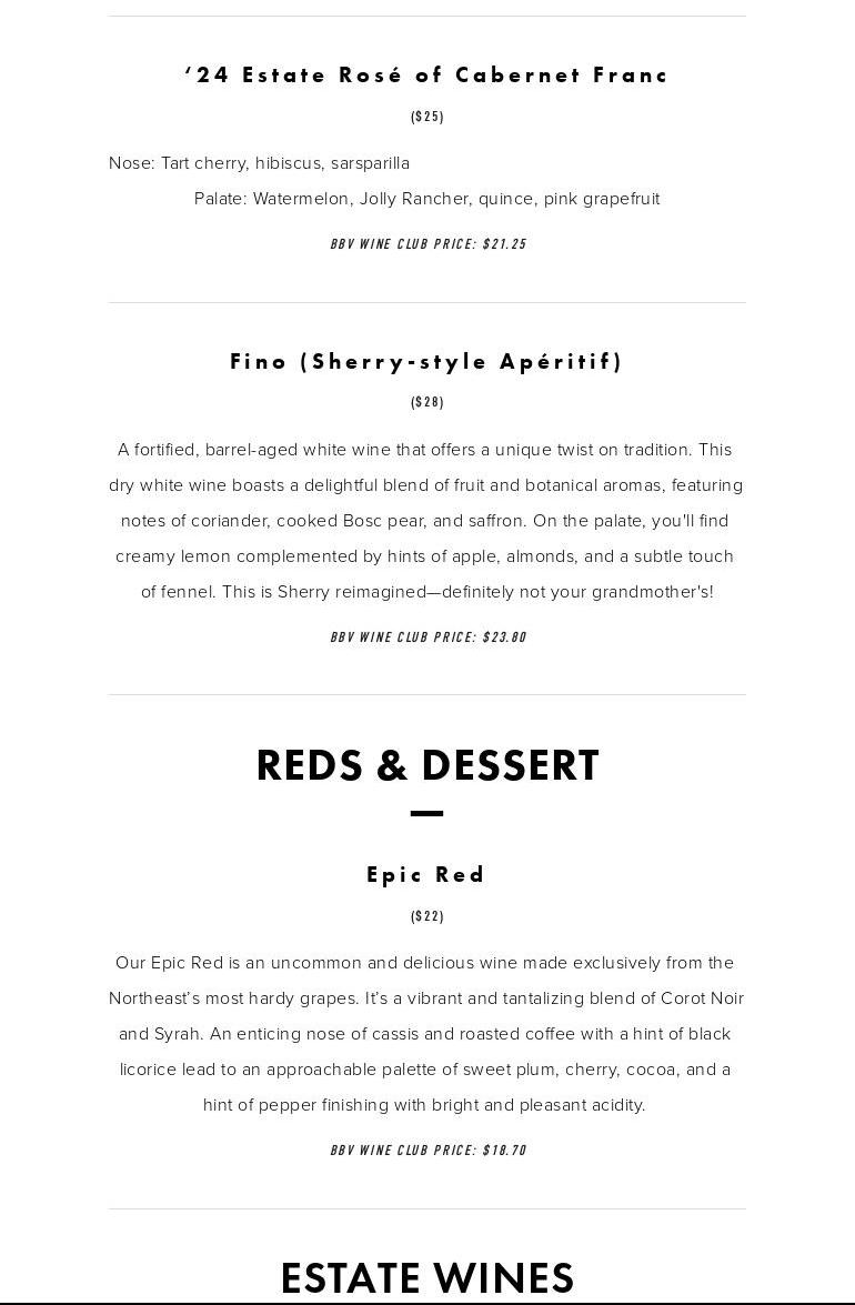 Black Birch Vineyard Menu