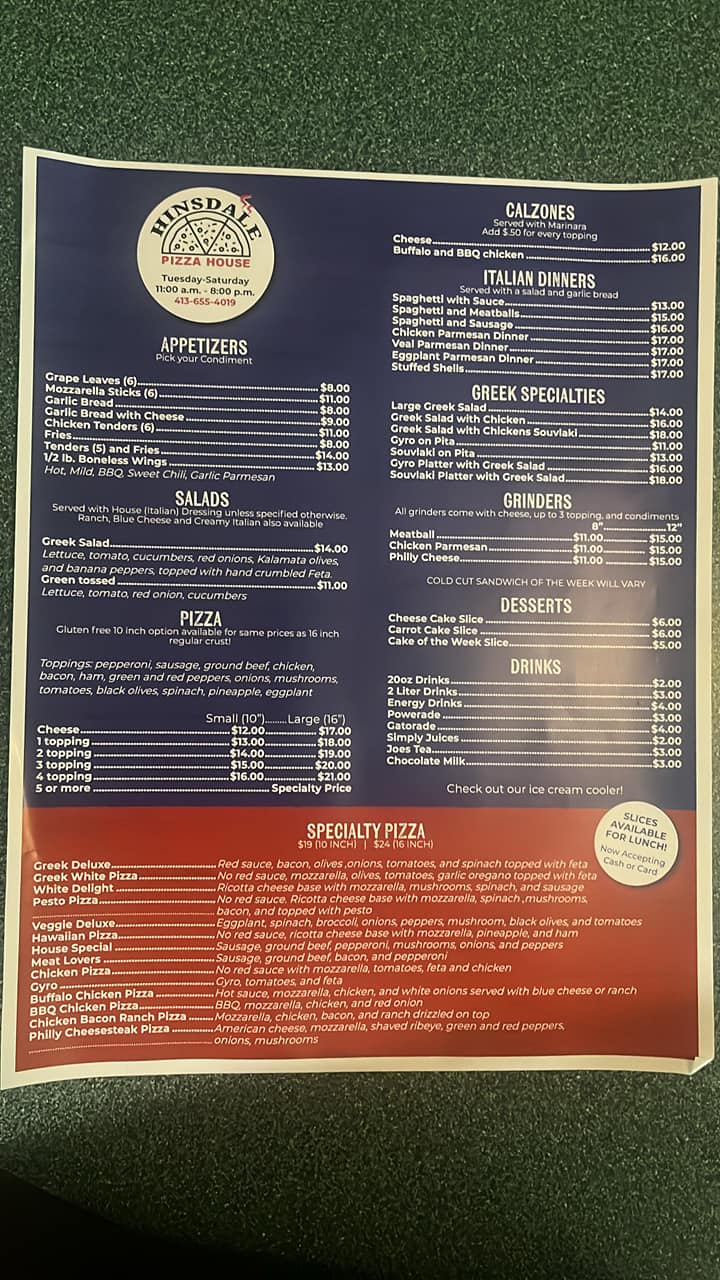 Hinsdale Pizza House Menu