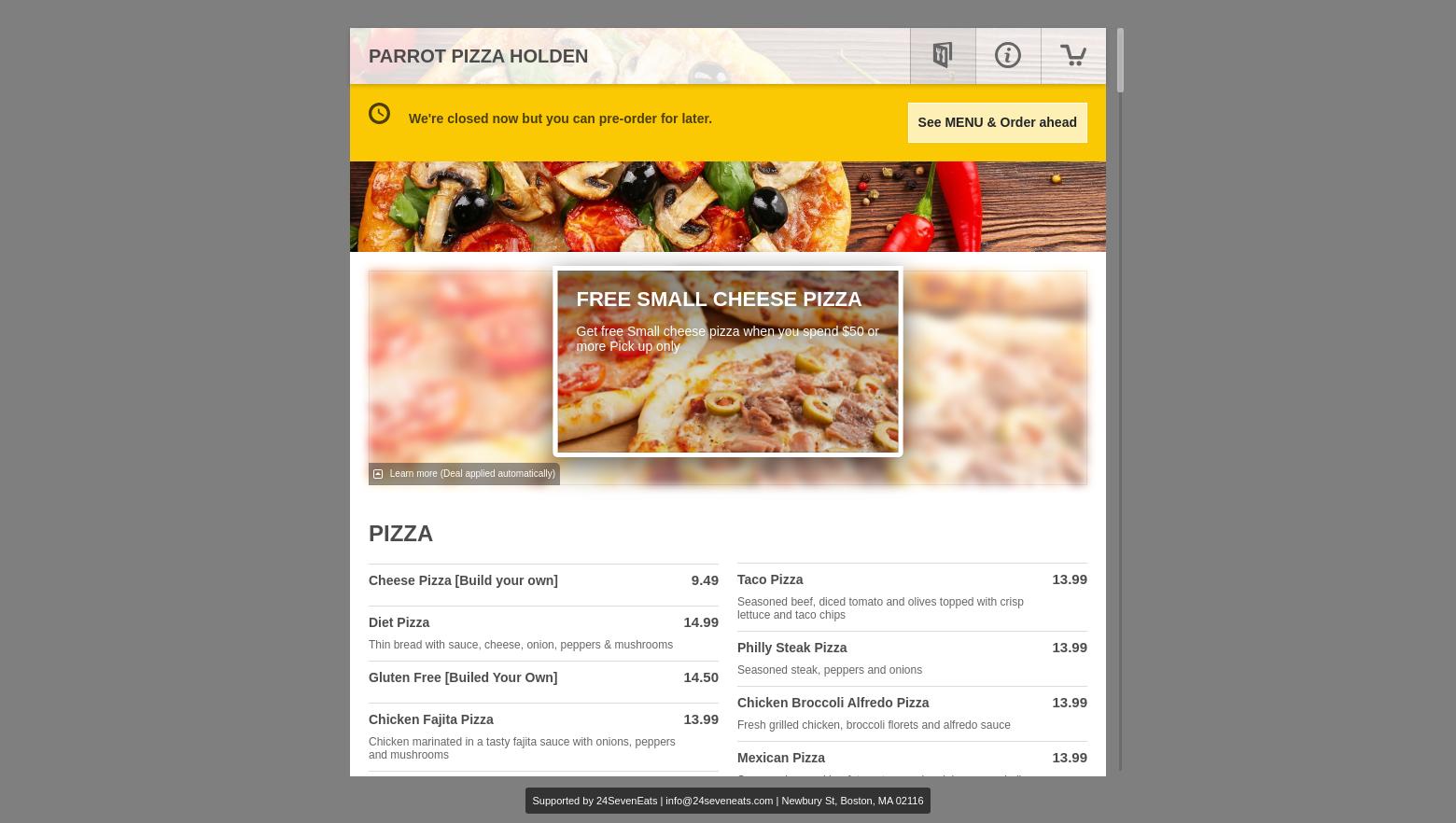 Parrot Pizza Holden Menu