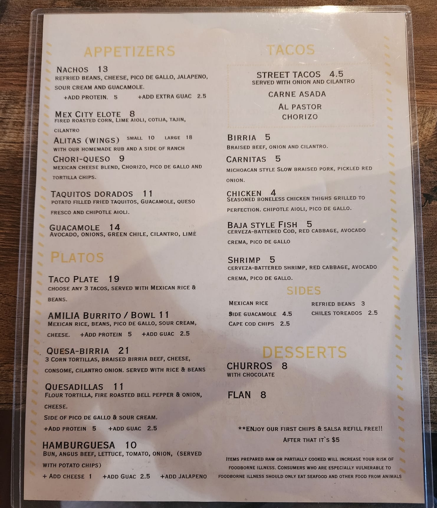 Amilia Taqueria & Bar Menu