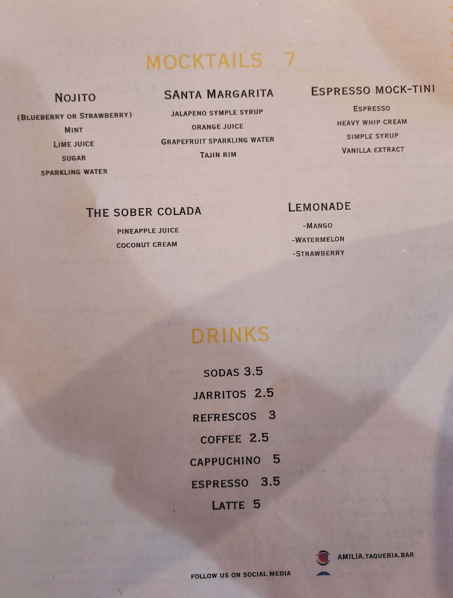 Amilia Taqueria & Bar Menu