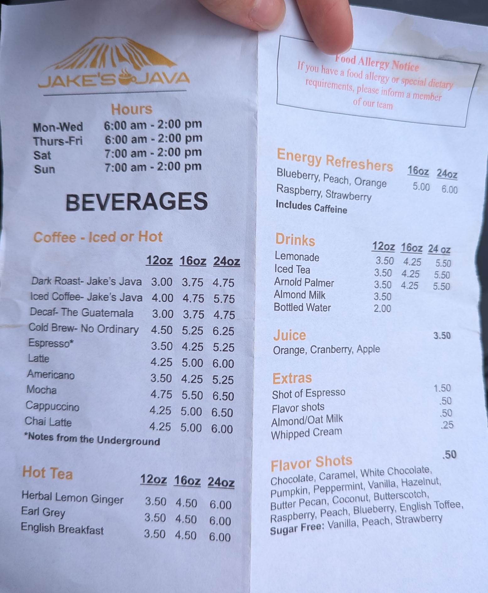 Jake's Java Menu