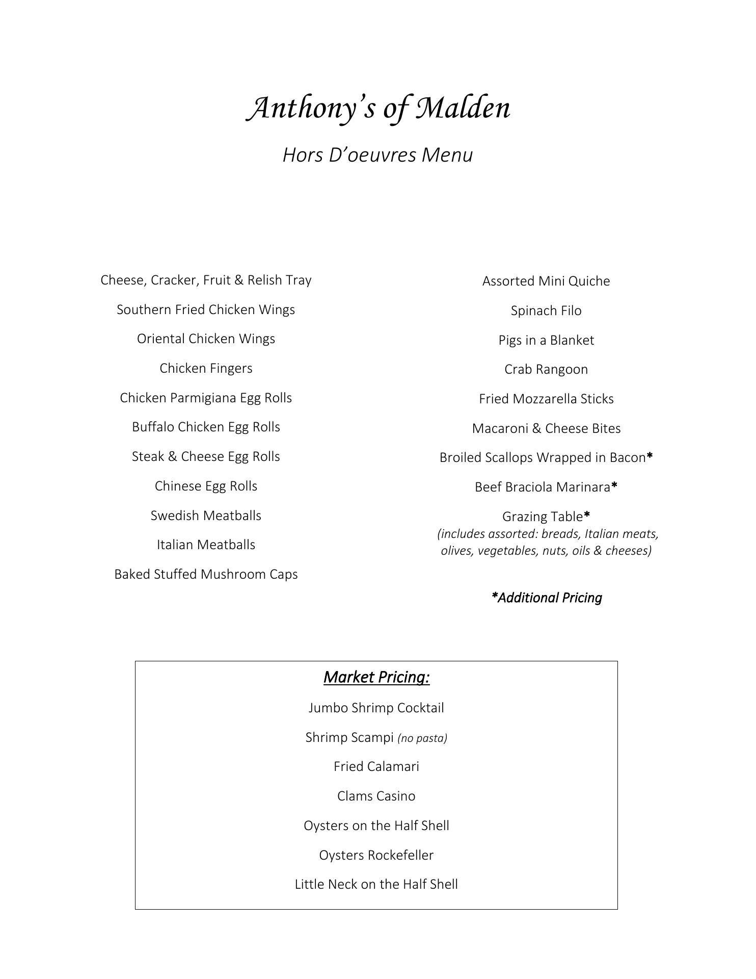 Anthony's Spadafora Caterers Menu