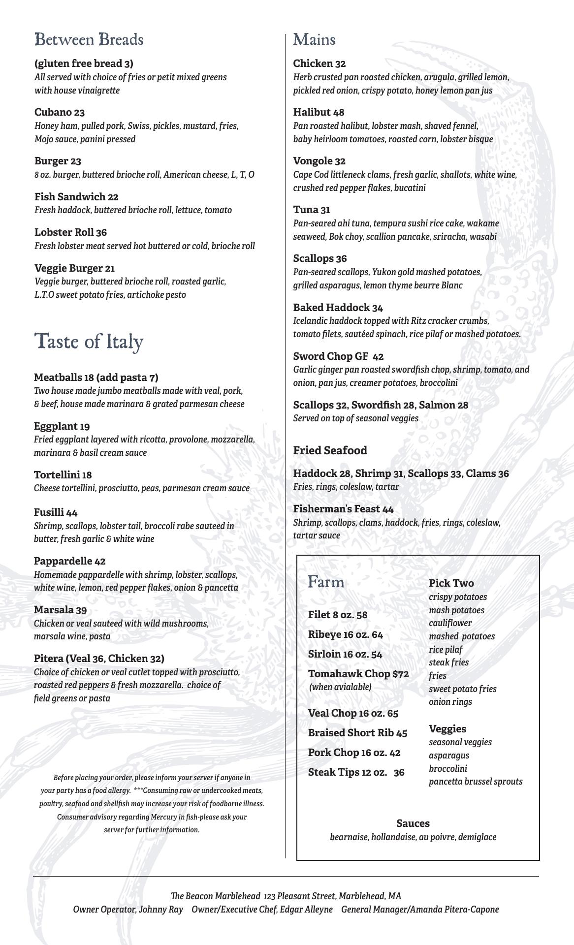 The Beacon Restaurant and Bar Menu
