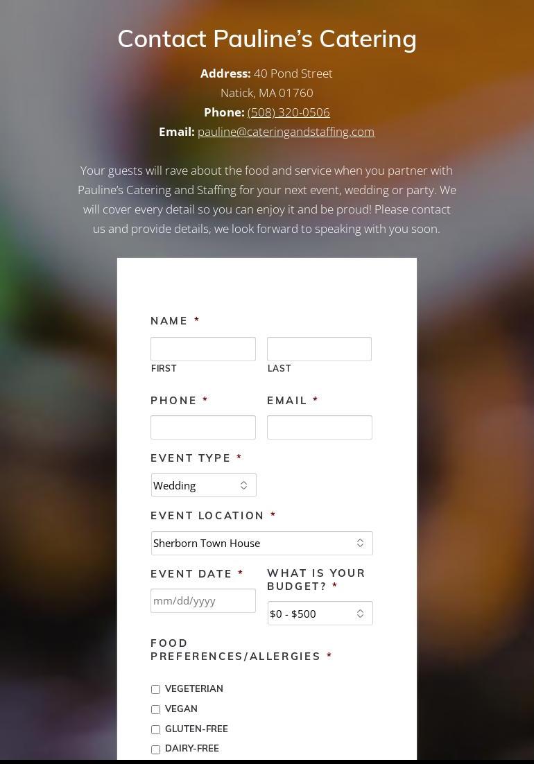 Pauline's Catering and Staffing Menu