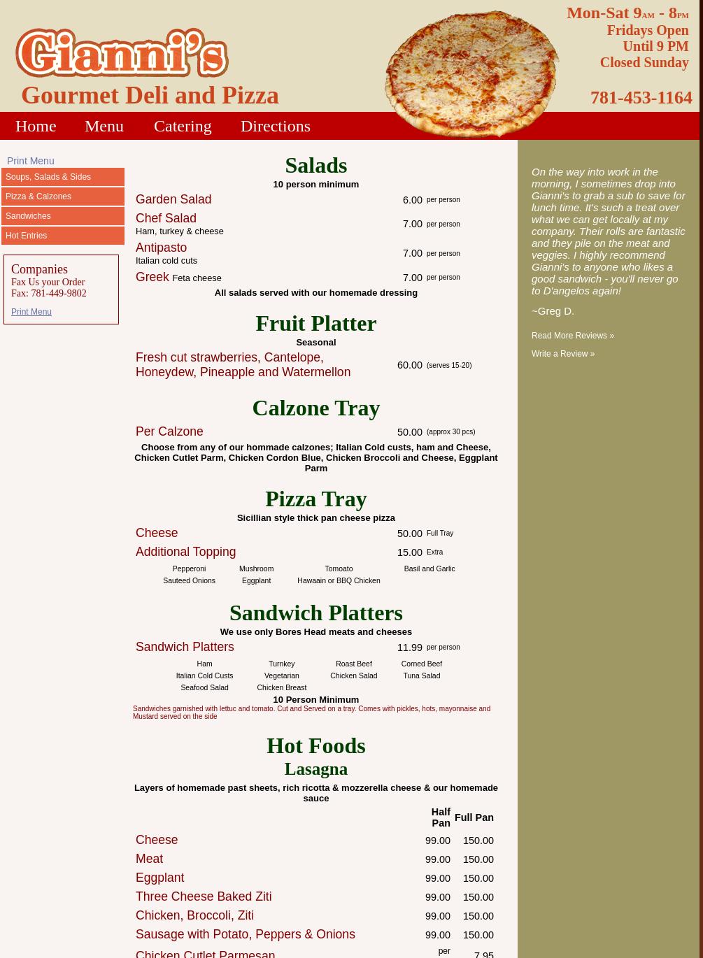 Gianni's Deli and Pizza Menu