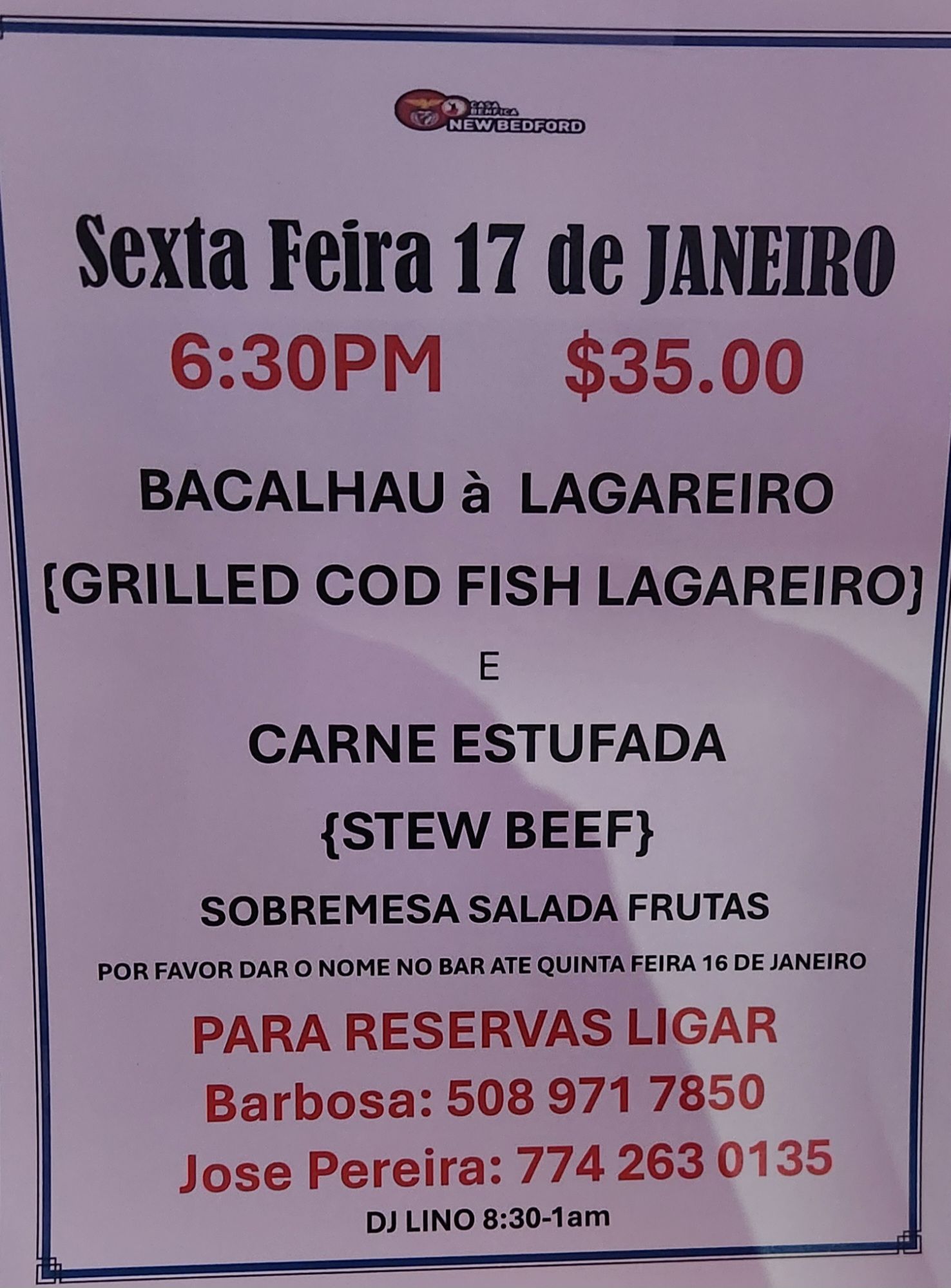 Casa Benfica New Bedford Menu