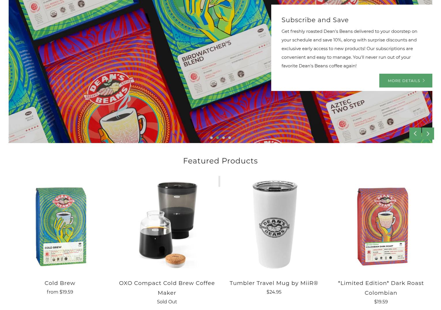 Dean's Beans Organic Coffee Company Menu