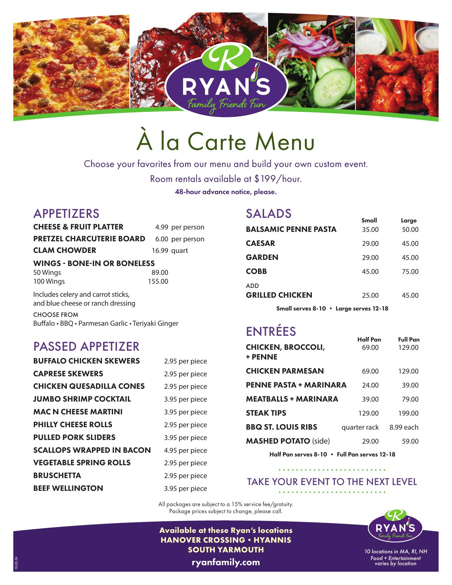 Ryan Family Amusements Menu