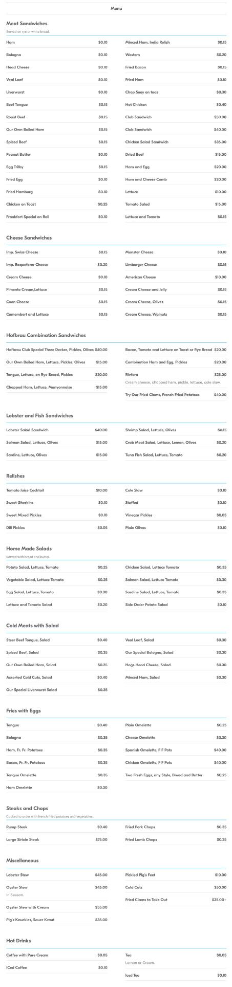 Hofbrau Bar and Grill Menu