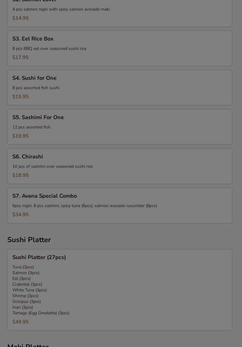 Avana sushi 3 & seafood restaurant Menu