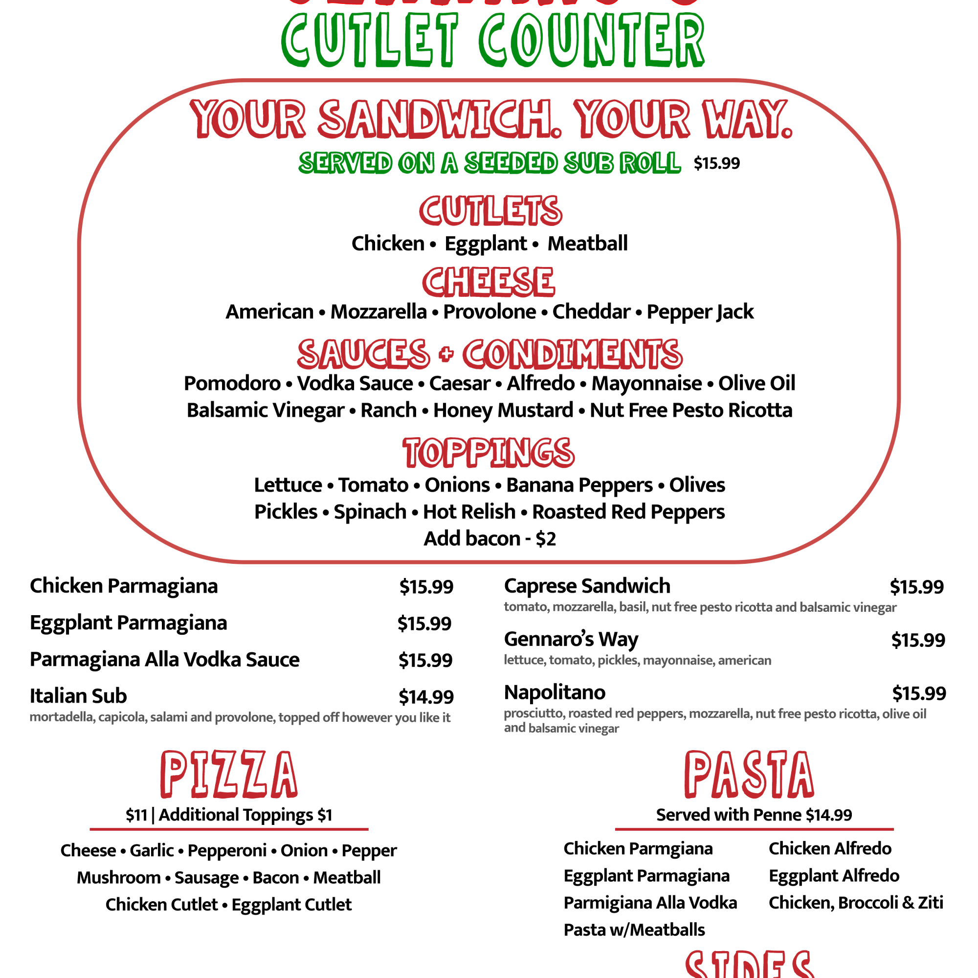 Gennaro's Cutlet Counter Menu