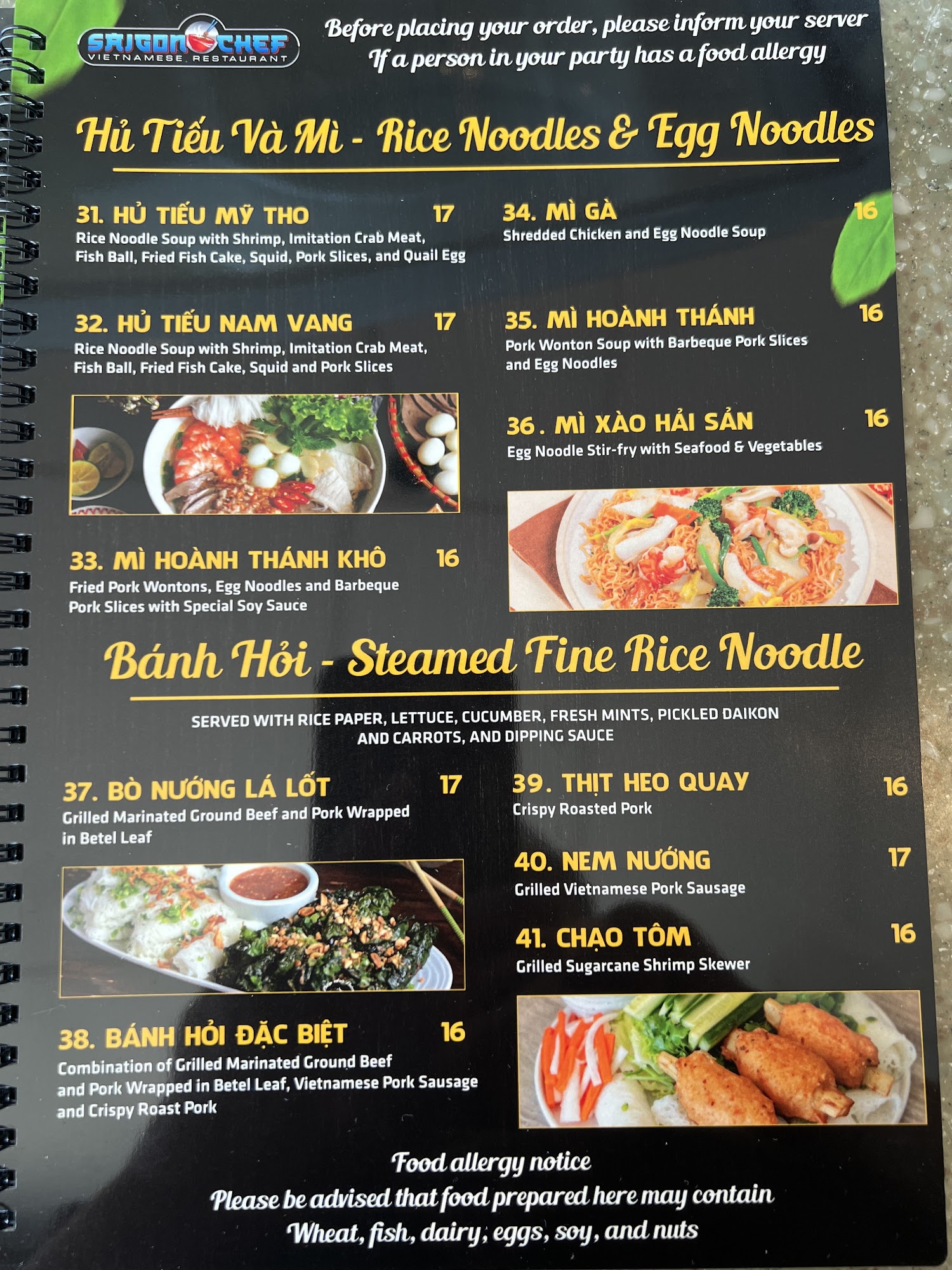 Saigon Chef Menu