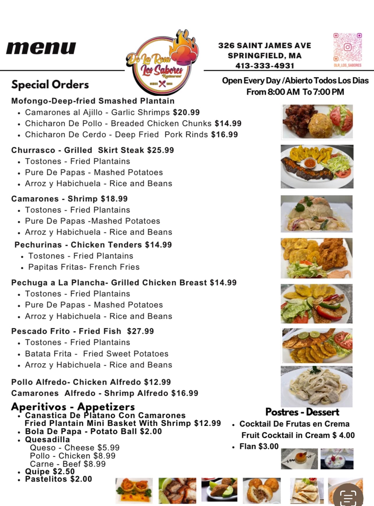 De La Rosa Los Sabores Restaurant Menu