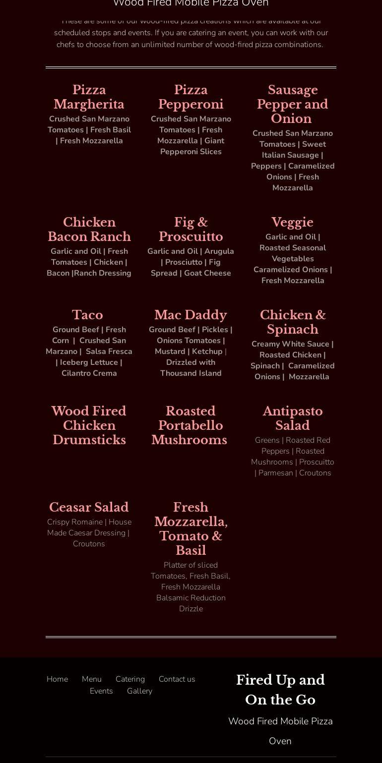 Fired Up and On the Go Wood Fired Mobile Pizza Oven Menu