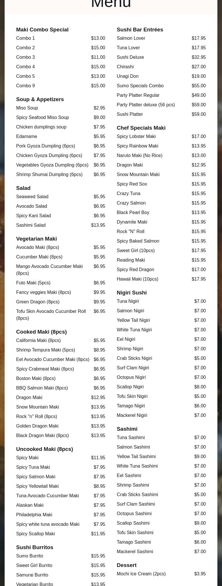 Sumo sushi organic Menu