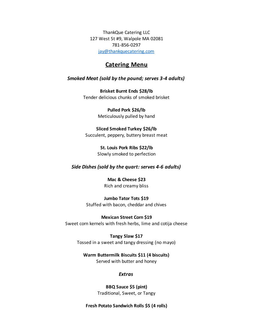 ThankQue Catering Menu