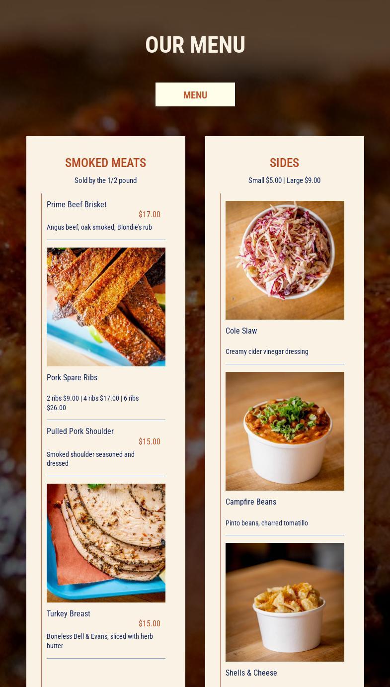 Blondie's Barbecue Menu