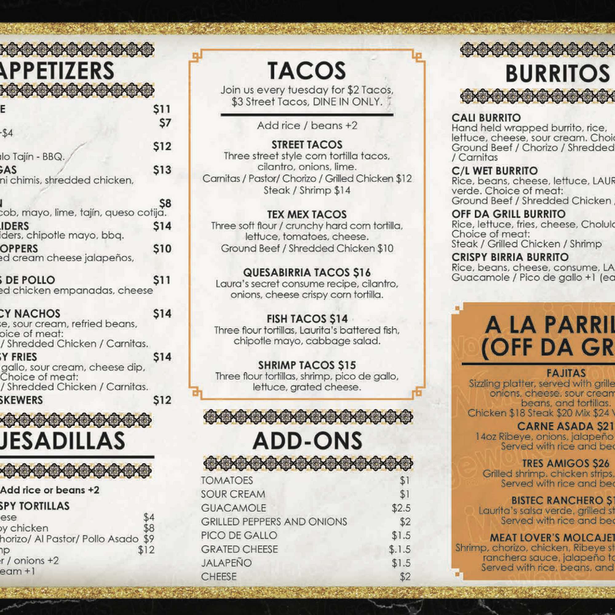 Casa Laura Tacos & Tequila Menu