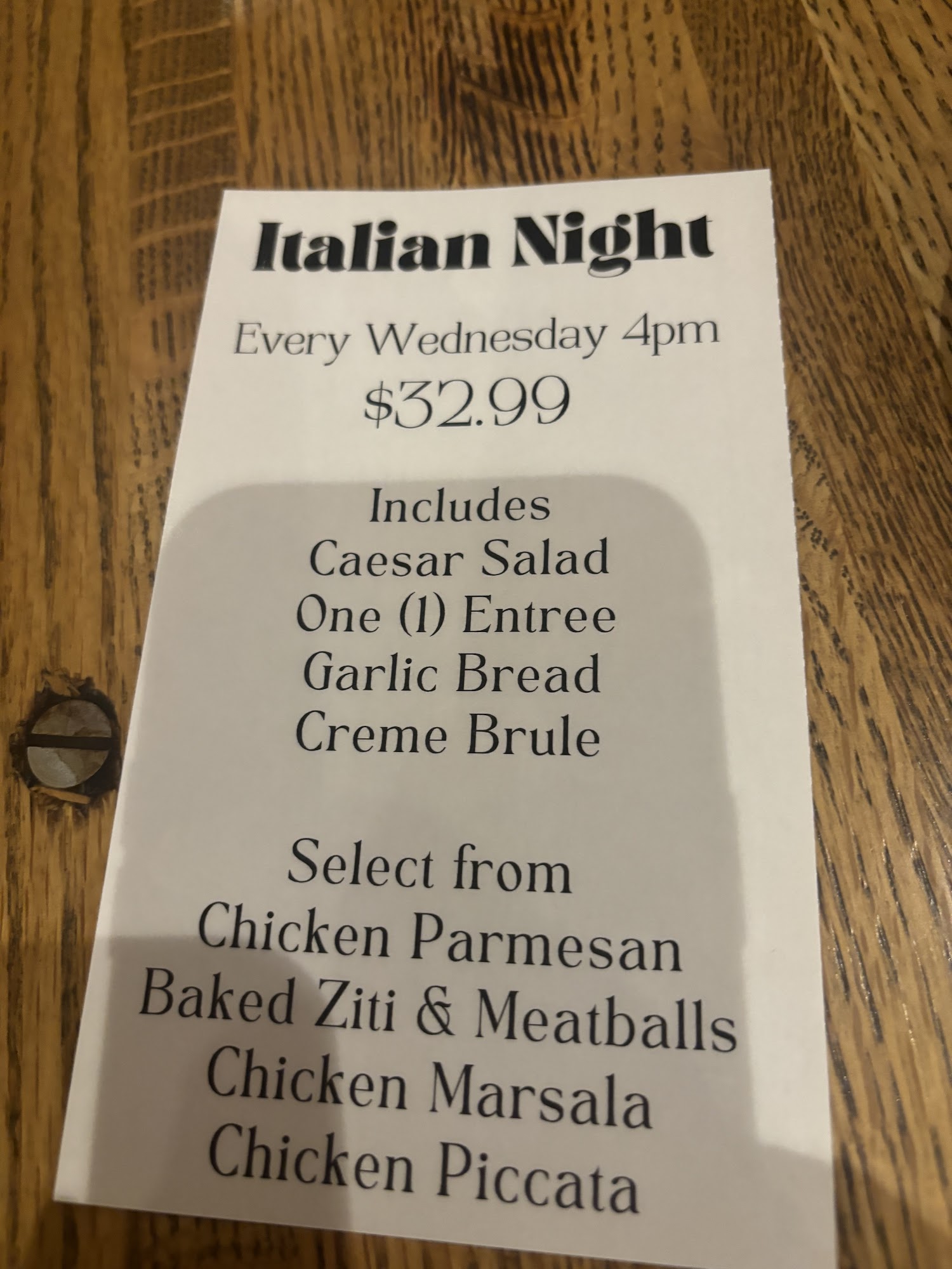 Weathervane Golf Club Tavern Menu