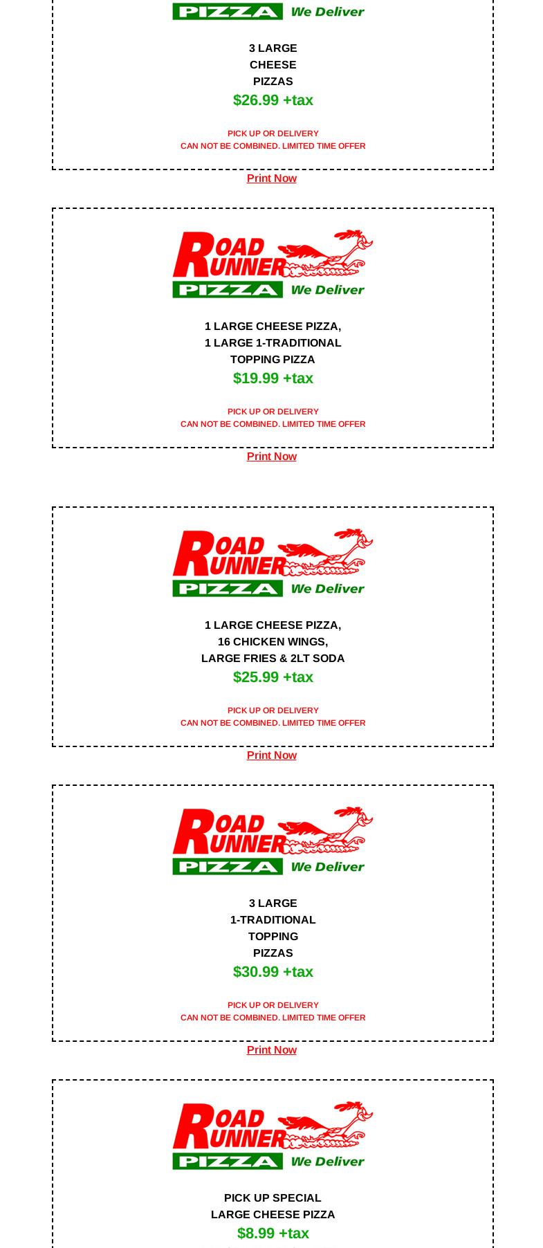 Road Runner Pizza Menu