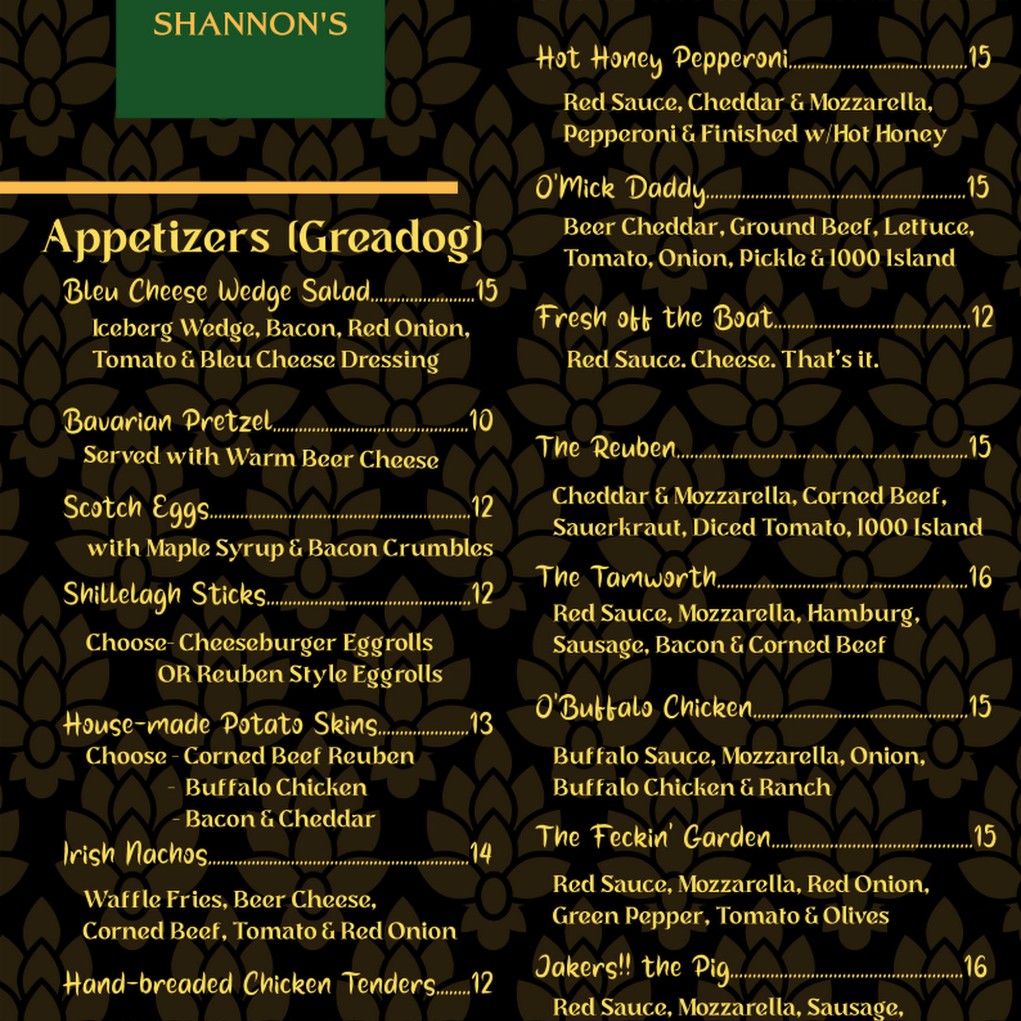 Shannon’s Irish Ale House Menu