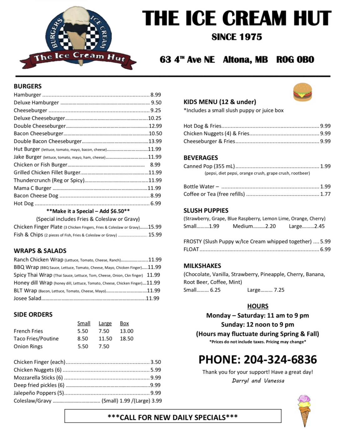 The Ice Cream Hut Menu