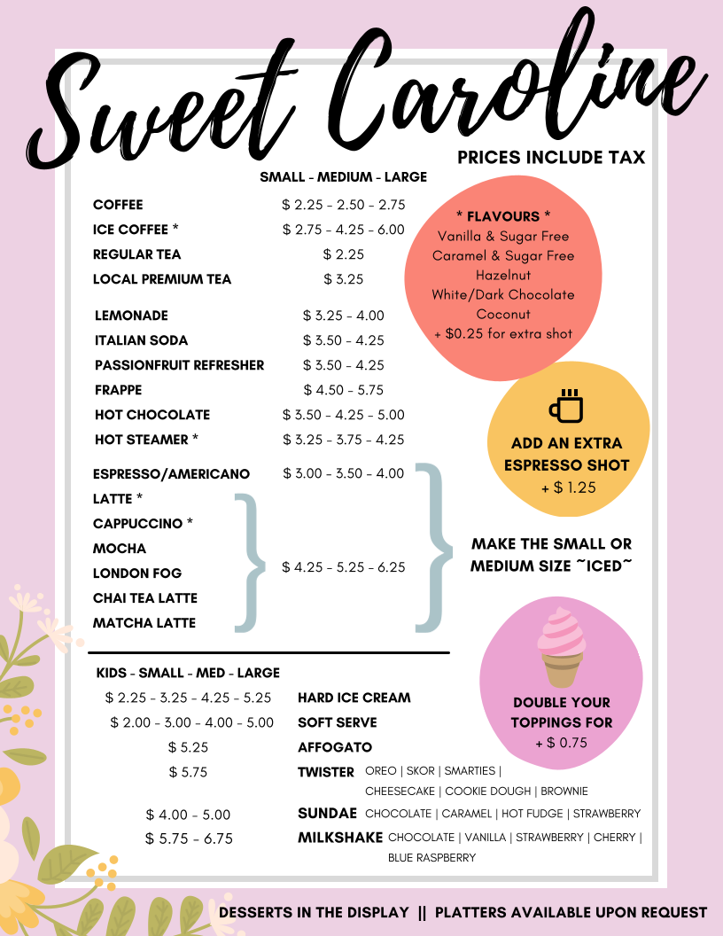 Sweet Caroline Ice Cream Menu