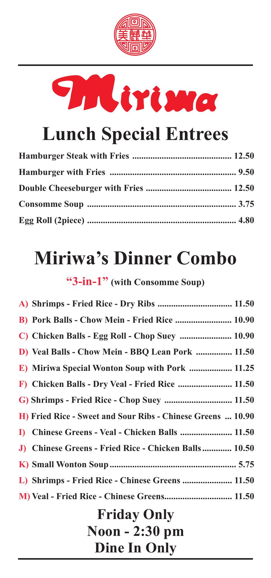 Miriwa Restaurant Menu