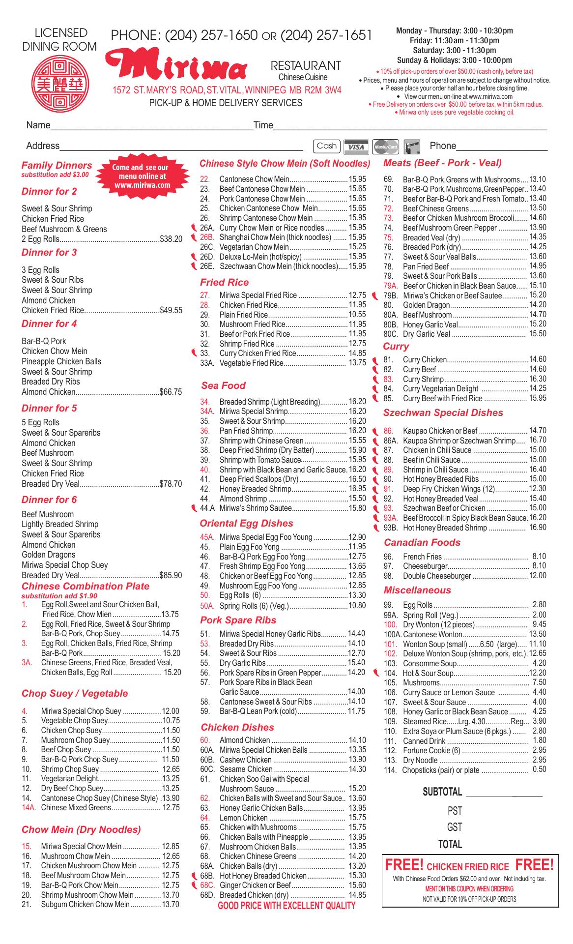 Miriwa Restaurant Menu