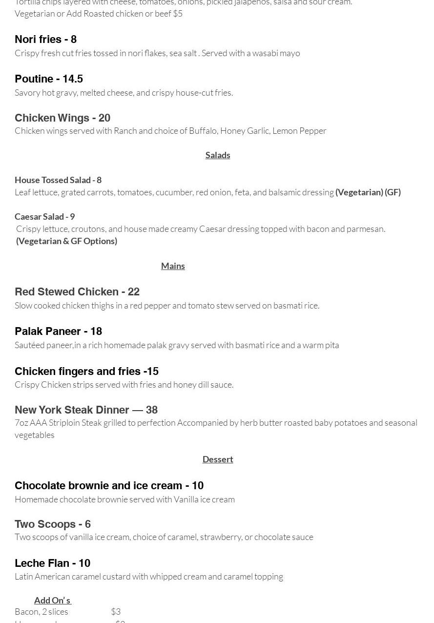 Pangea's Kitchen Menu