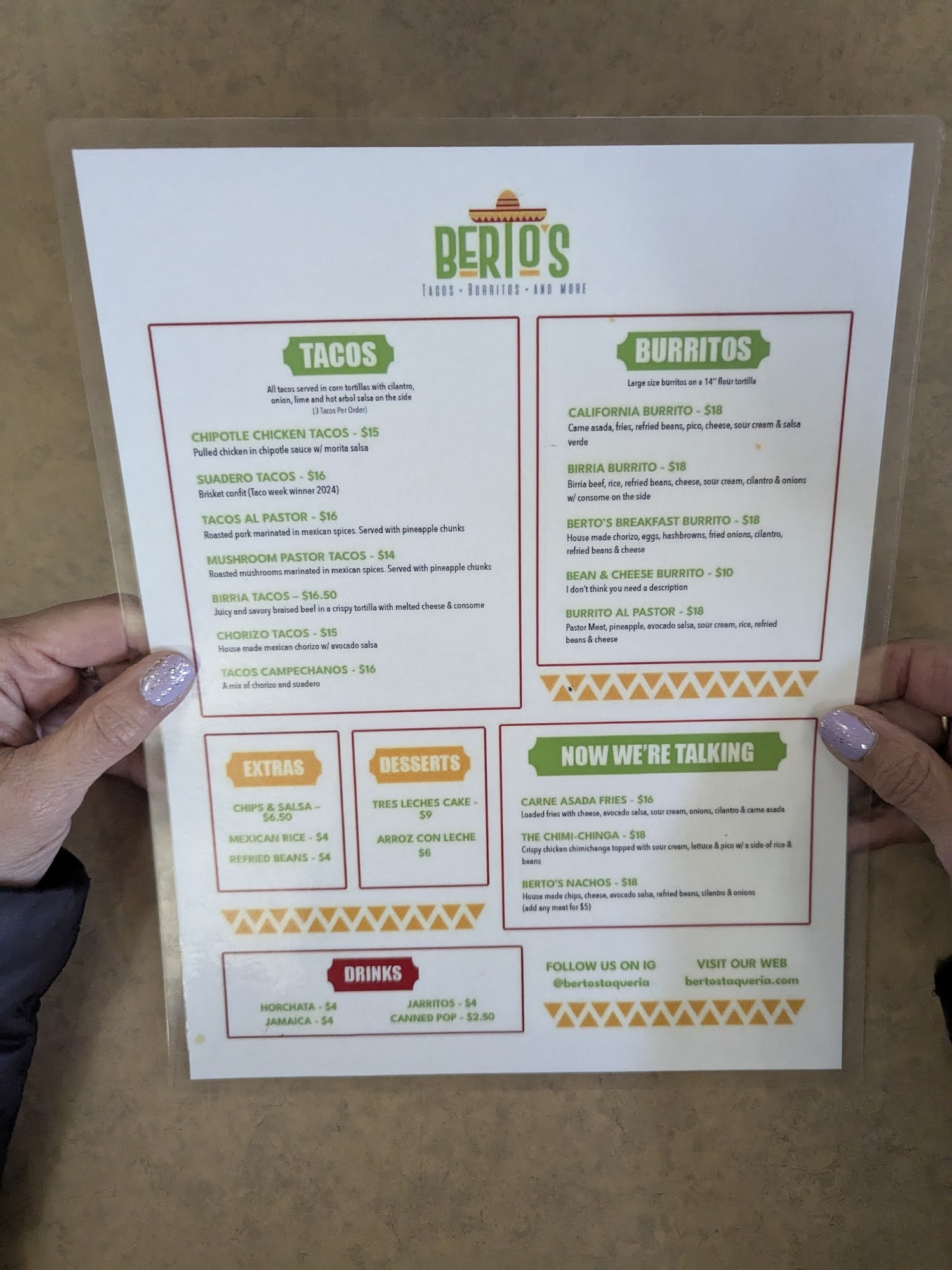 Bertos taqueria Menu